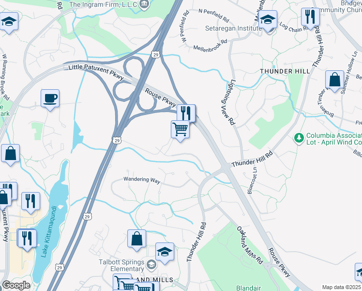 map of restaurants, bars, coffee shops, grocery stores, and more near 5537 Twin Knolls Road in Columbia
