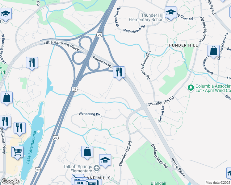 map of restaurants, bars, coffee shops, grocery stores, and more near 5537 Twin Knolls Road in Columbia