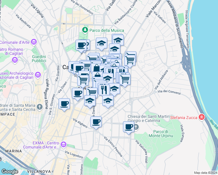 map of restaurants, bars, coffee shops, grocery stores, and more near 27 Via Gioacchino Rossini in Cagliari