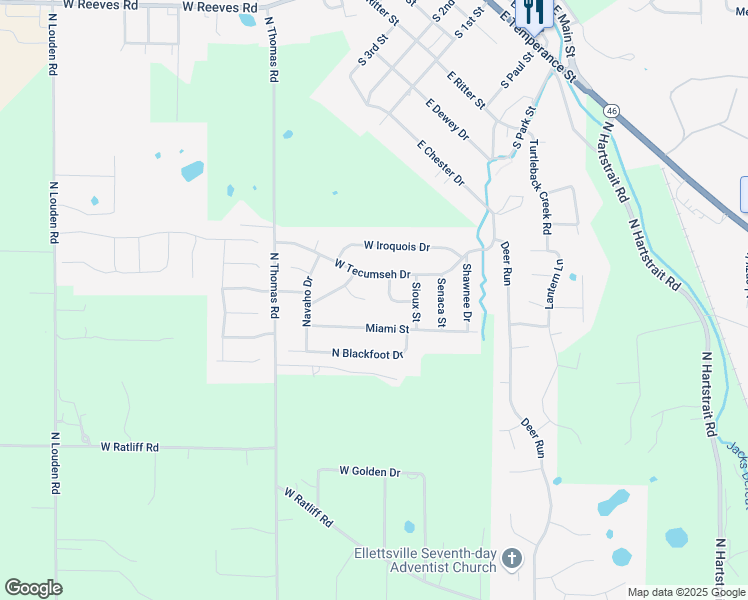 map of restaurants, bars, coffee shops, grocery stores, and more near 420 West Tecumseh Drive in Ellettsville
