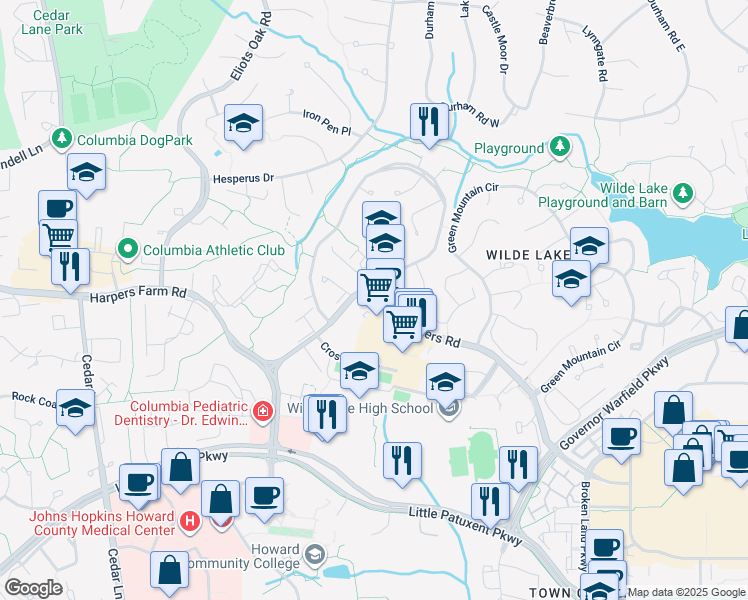 map of restaurants, bars, coffee shops, grocery stores, and more near 10580 Cross Fox Lane in Columbia