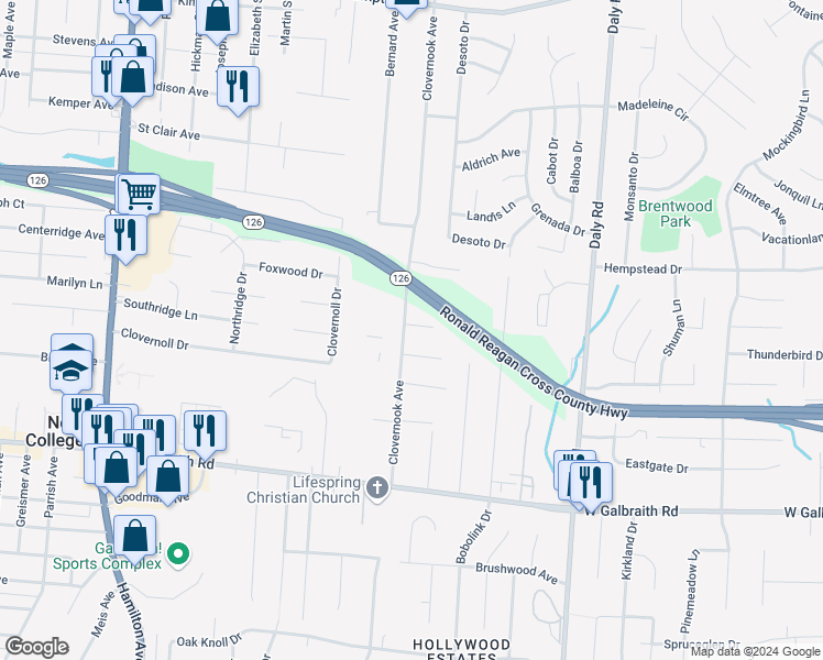 map of restaurants, bars, coffee shops, grocery stores, and more near 7052 Clovernook Avenue in Cincinnati