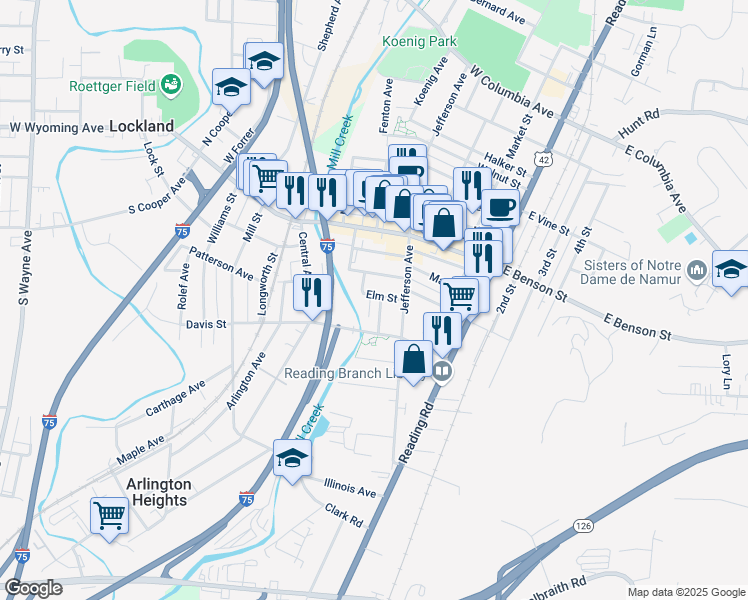 map of restaurants, bars, coffee shops, grocery stores, and more near 705 Elm Court in Reading