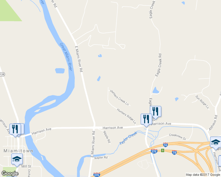 map of restaurants, bars, coffee shops, grocery stores, and more near 7318 Hunters Ridge Lane in Cincinnati