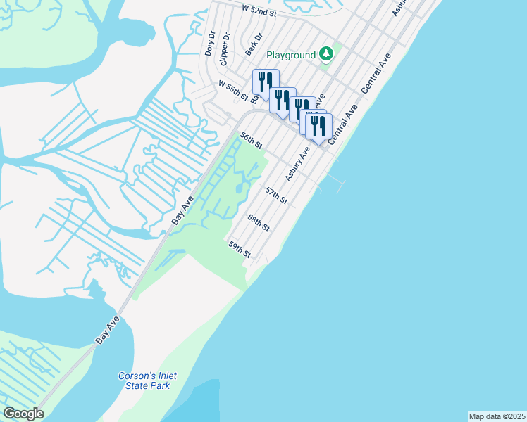 map of restaurants, bars, coffee shops, grocery stores, and more near 5727 West Avenue in Ocean City