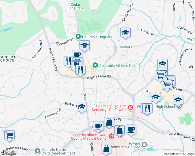 map of restaurants, bars, coffee shops, grocery stores, and more near 5527 Woodenhawk Circle in Columbia