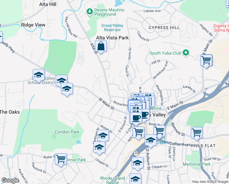 map of restaurants, bars, coffee shops, grocery stores, and more near 311 Alta Street in Grass Valley