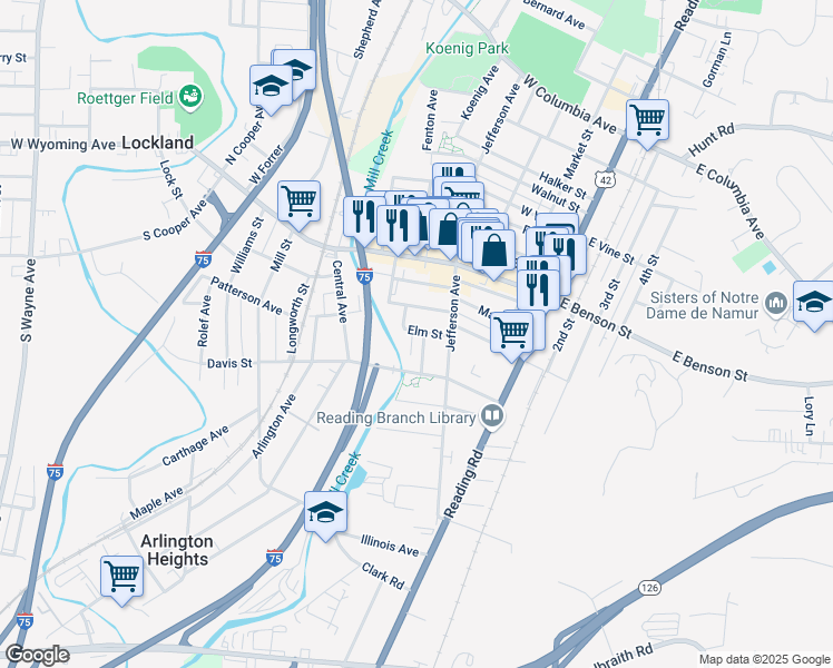 map of restaurants, bars, coffee shops, grocery stores, and more near 705 Elm Court in Reading