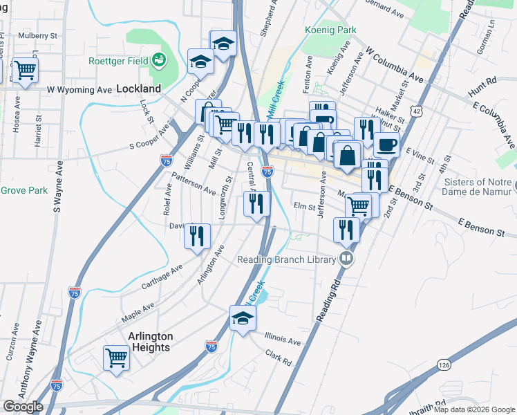 map of restaurants, bars, coffee shops, grocery stores, and more near 511 Patterson Avenue in Lockland