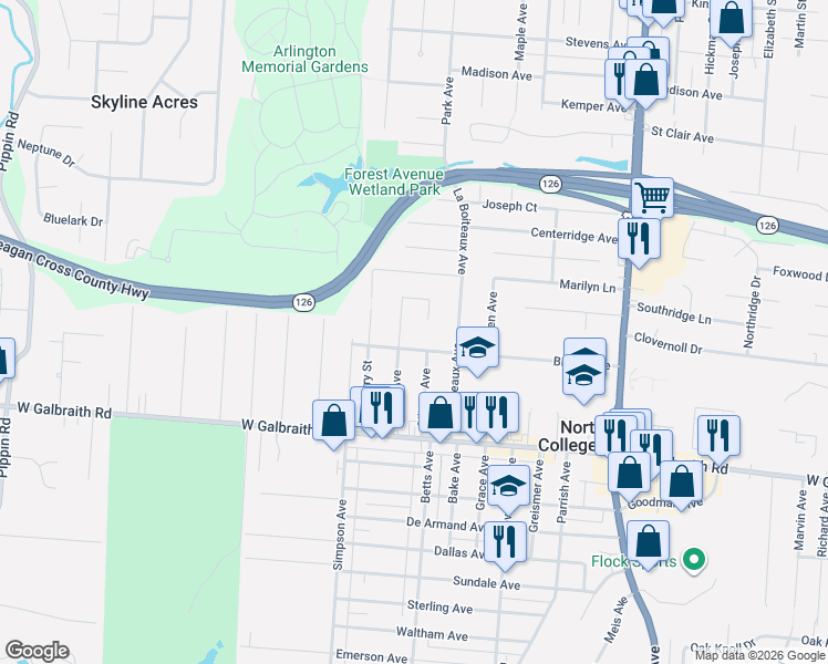 map of restaurants, bars, coffee shops, grocery stores, and more near 7017 Noble Court in North College Hill