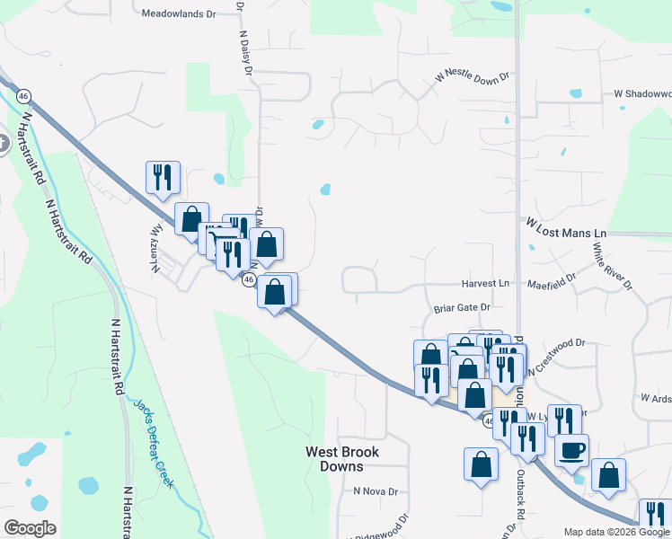 map of restaurants, bars, coffee shops, grocery stores, and more near W September Dr in Bloomington
