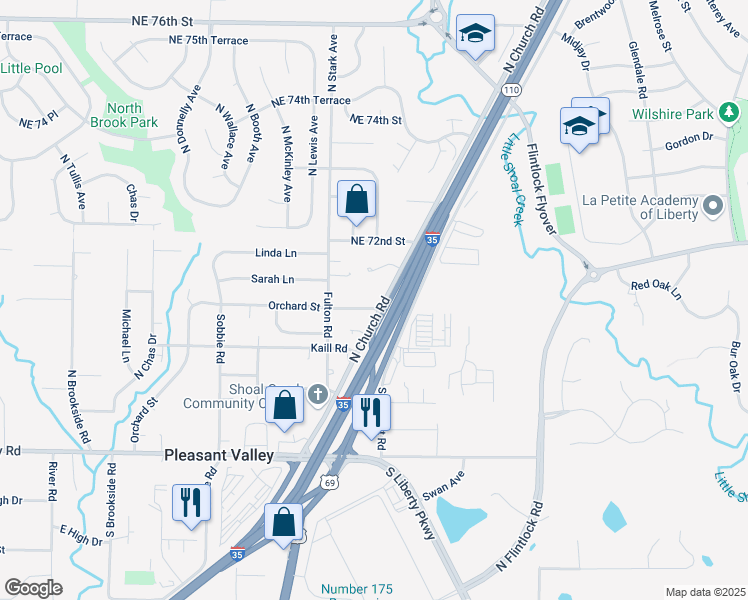 map of restaurants, bars, coffee shops, grocery stores, and more near 8807 Timber Creek Lane in Pleasant Valley