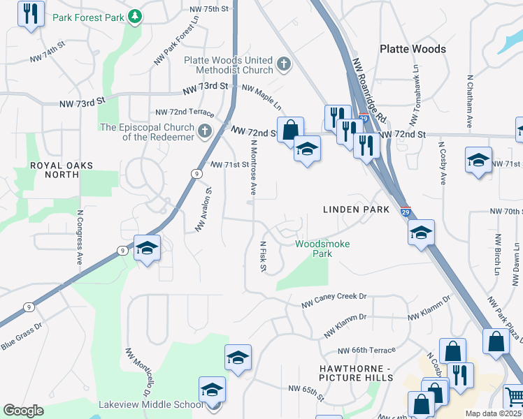 map of restaurants, bars, coffee shops, grocery stores, and more near 6609 Northwest 70 Terrace in Kansas City