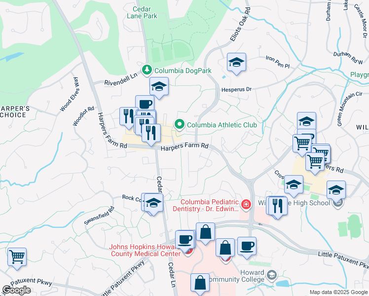 map of restaurants, bars, coffee shops, grocery stores, and more near 5529 Woodenhawk Circle in Columbia