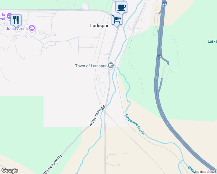 map of restaurants, bars, coffee shops, grocery stores, and more near 9669 South Spruce Mountain Road in Larkspur