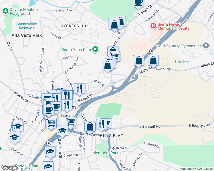 map of restaurants, bars, coffee shops, grocery stores, and more near 418 East Main Street in Grass Valley
