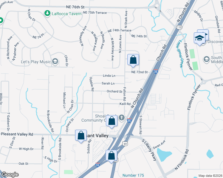 map of restaurants, bars, coffee shops, grocery stores, and more near 8701 Sarah Lane in Pleasant Valley