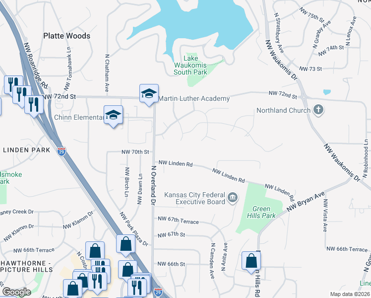 map of restaurants, bars, coffee shops, grocery stores, and more near 7013 North Overland Drive in Kansas City