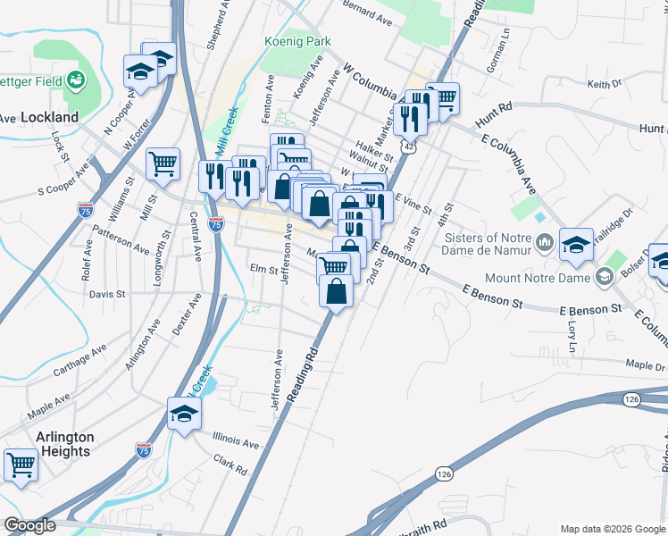map of restaurants, bars, coffee shops, grocery stores, and more near 14 Maple Street in Cincinnati
