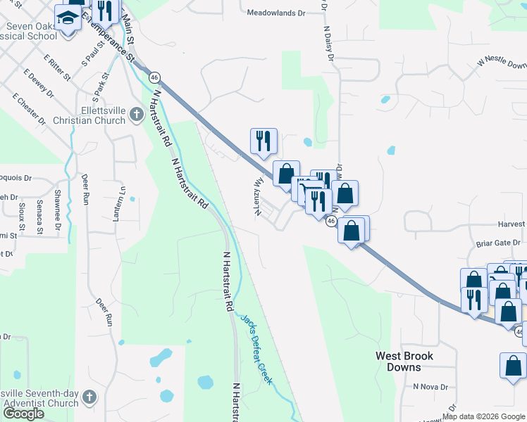 map of restaurants, bars, coffee shops, grocery stores, and more near 5661 State Road 46 in Bloomington