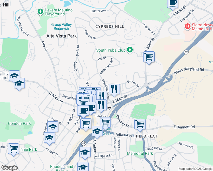 map of restaurants, bars, coffee shops, grocery stores, and more near Eureka Street & Washington Street in Grass Valley