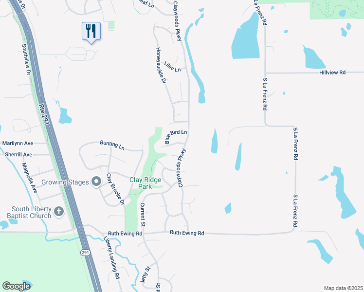 map of restaurants, bars, coffee shops, grocery stores, and more near 1167 Cardinal Drive in Liberty