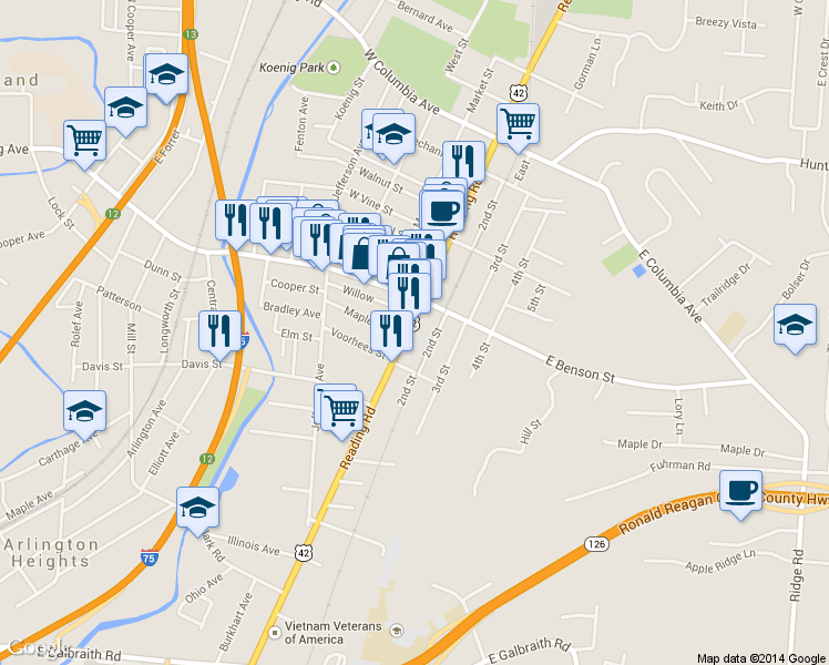 map of restaurants, bars, coffee shops, grocery stores, and more near 8834 Reading Rd in Cincinnati