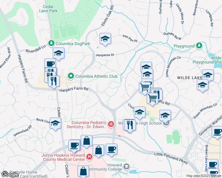 map of restaurants, bars, coffee shops, grocery stores, and more near 5701 Harpers Farm Road in Columbia