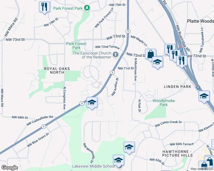 map of restaurants, bars, coffee shops, grocery stores, and more near 7009 Missouri 9 in Kansas City