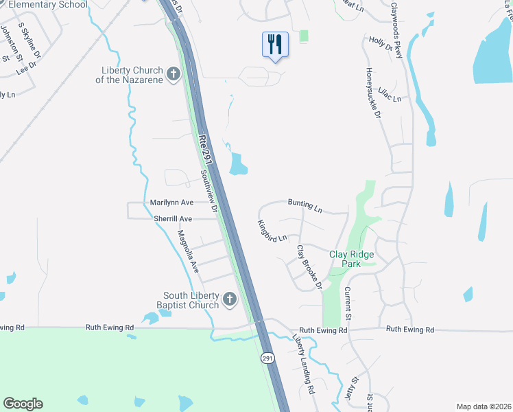 map of restaurants, bars, coffee shops, grocery stores, and more near 1815 Kingbird Lane in Liberty
