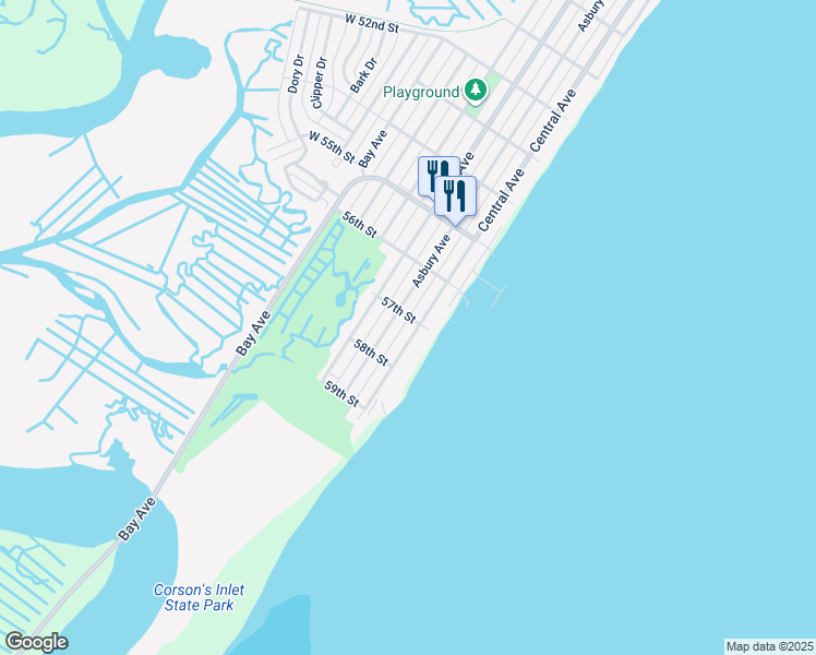 map of restaurants, bars, coffee shops, grocery stores, and more near 5704 Central Avenue in Ocean City