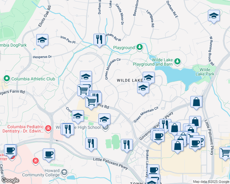 map of restaurants, bars, coffee shops, grocery stores, and more near 10746 Green Mountain Circle in Columbia
