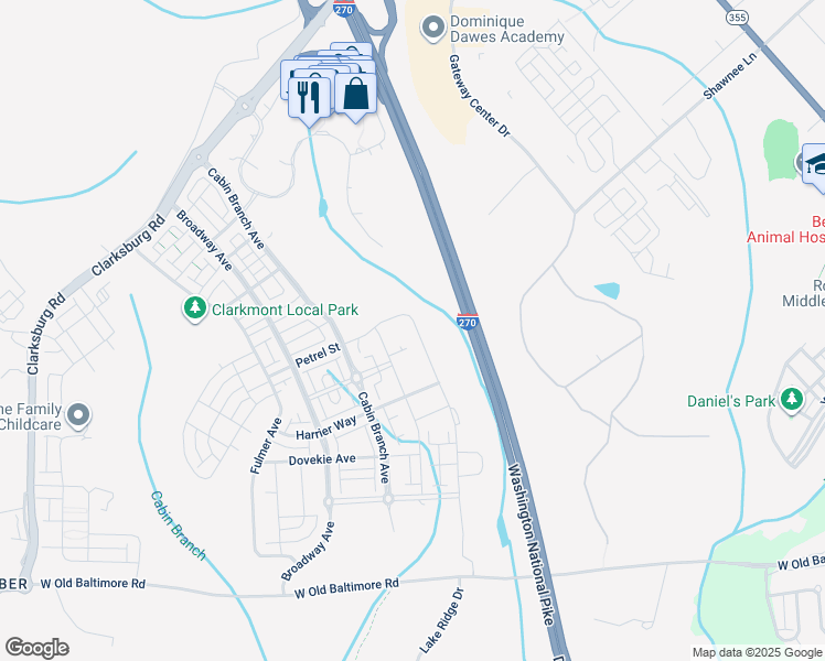 map of restaurants, bars, coffee shops, grocery stores, and more near 13444 Petrel Street in Clarksburg