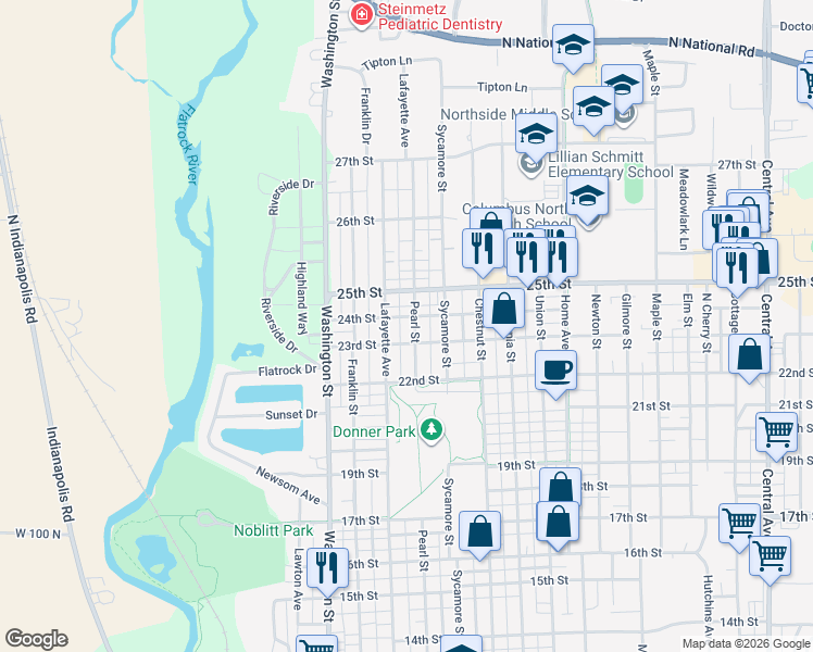 map of restaurants, bars, coffee shops, grocery stores, and more near 2402 Pearl Street in Columbus