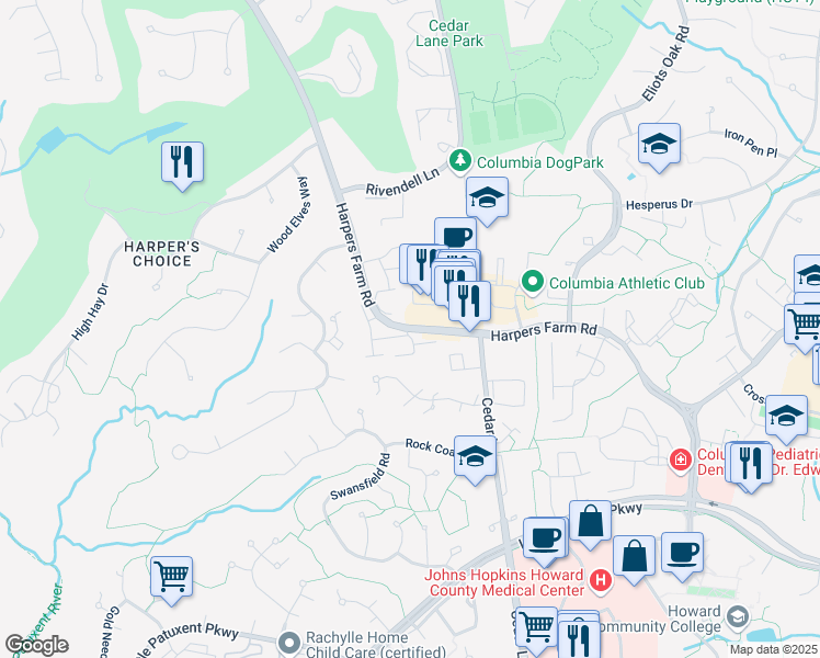 map of restaurants, bars, coffee shops, grocery stores, and more near 5464 Harpers Farm Road in Columbia