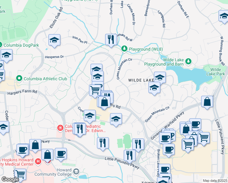 map of restaurants, bars, coffee shops, grocery stores, and more near 10786 Green Mountain Circle in Columbia