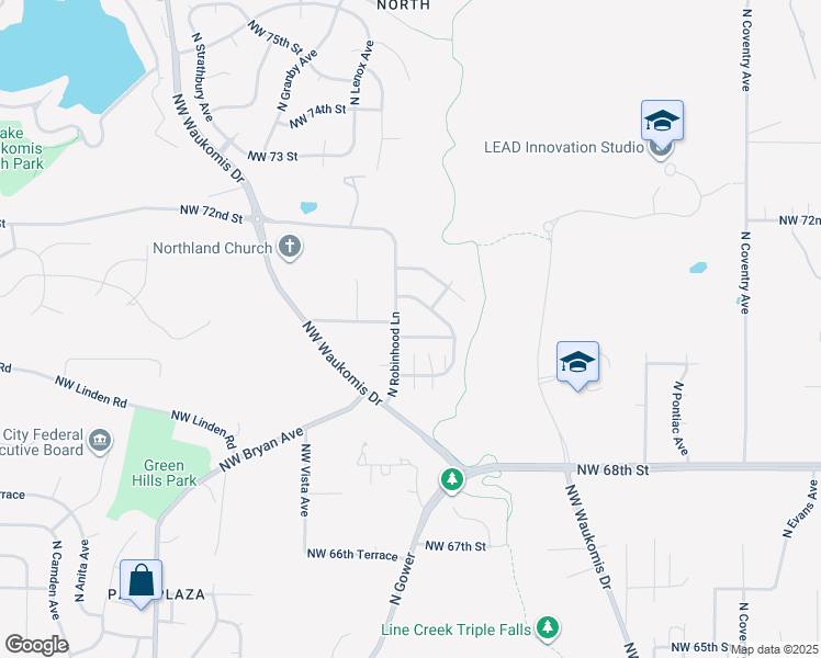 map of restaurants, bars, coffee shops, grocery stores, and more near 7011 North Robinhood Lane in Kansas City