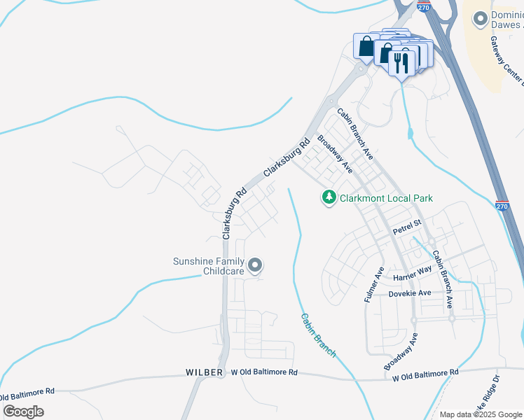 map of restaurants, bars, coffee shops, grocery stores, and more near 516 Silverrod Alley in Clarksburg