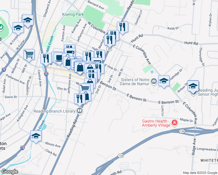 map of restaurants, bars, coffee shops, grocery stores, and more near 120 East Benson Street in Cincinnati
