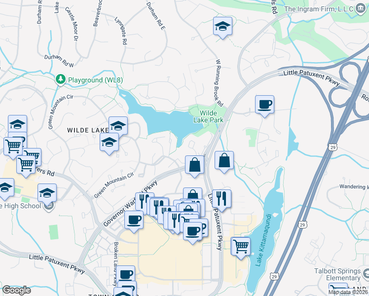 map of restaurants, bars, coffee shops, grocery stores, and more near 10071 Windstream Drive in Columbia