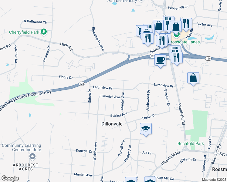 map of restaurants, bars, coffee shops, grocery stores, and more near 3943 Larchview Drive in Cincinnati