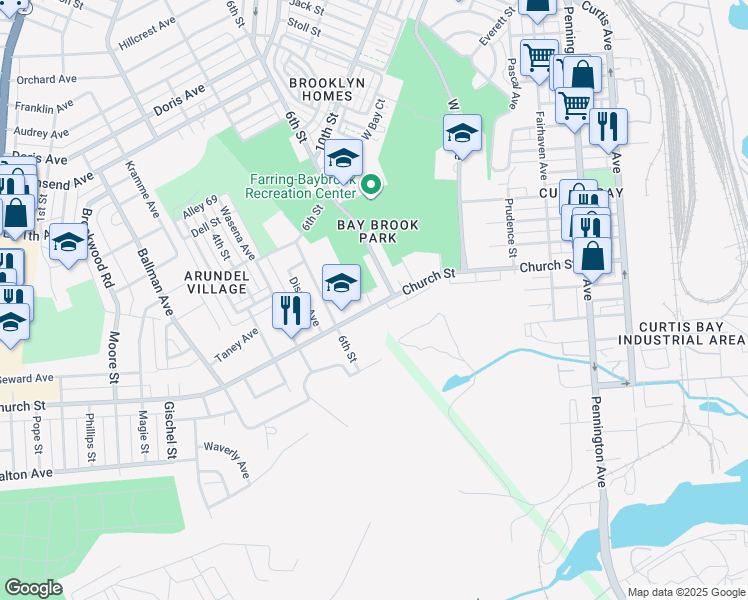 map of restaurants, bars, coffee shops, grocery stores, and more near 1000 Church Street in Baltimore