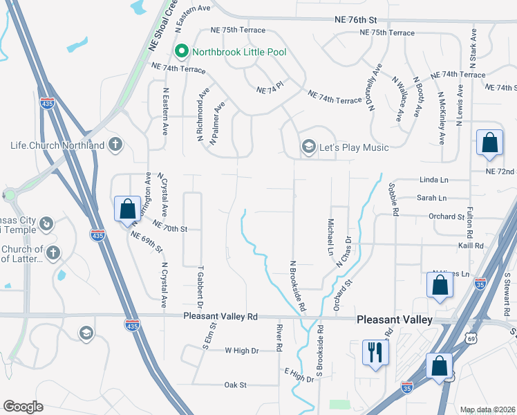 map of restaurants, bars, coffee shops, grocery stores, and more near 7904 Little Lane in Pleasant Valley