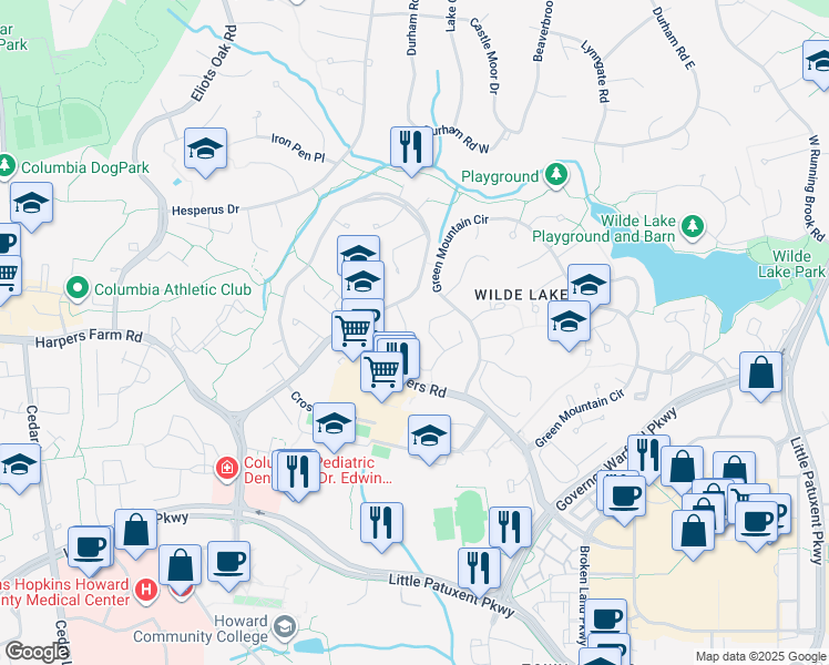 map of restaurants, bars, coffee shops, grocery stores, and more near 10540 Faulkner Ridge Circle in Columbia
