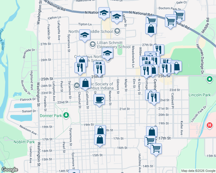 map of restaurants, bars, coffee shops, grocery stores, and more near 2330 Newton Street in Columbus