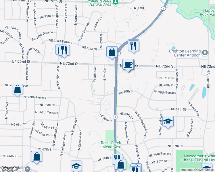 map of restaurants, bars, coffee shops, grocery stores, and more near 2404 Northeast 70th Street in Gladstone