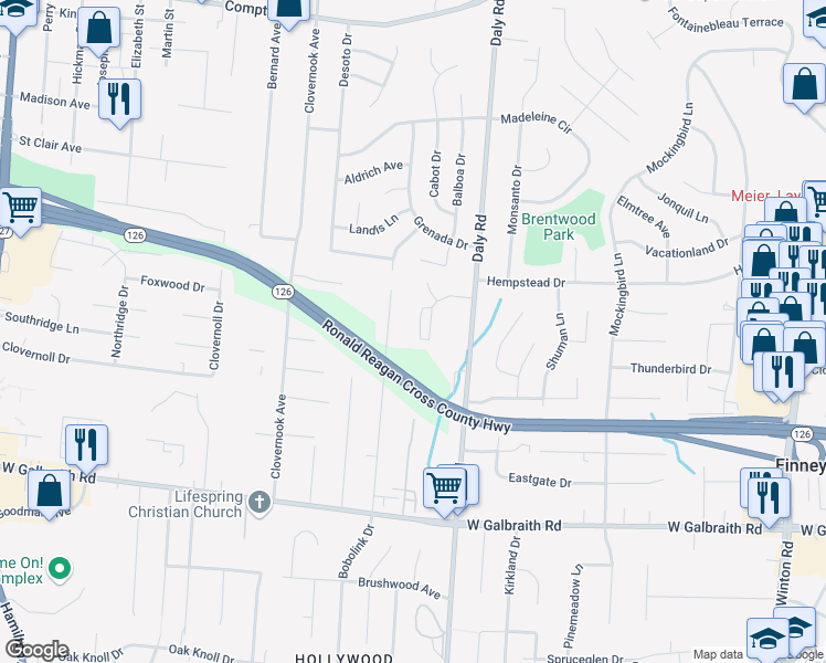 map of restaurants, bars, coffee shops, grocery stores, and more near 8508 Bobolink Avenue in Cincinnati