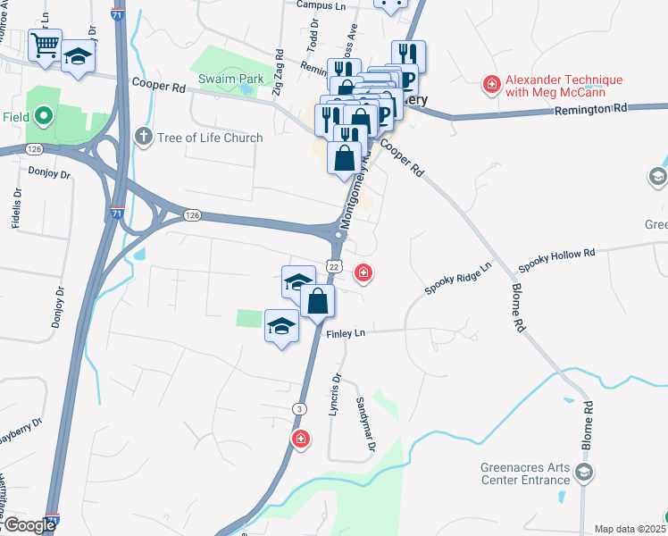 map of restaurants, bars, coffee shops, grocery stores, and more near 9850 Blackbird Place in Montgomery