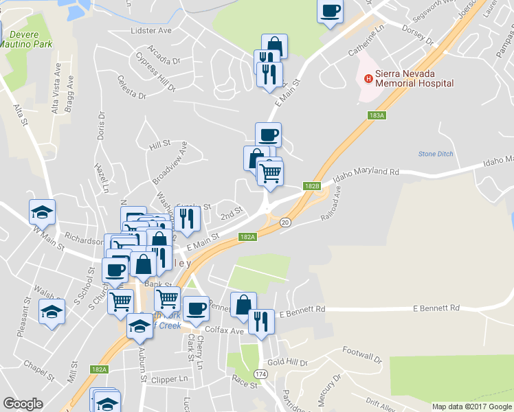 map of restaurants, bars, coffee shops, grocery stores, and more near 418 East Main Street in Grass Valley