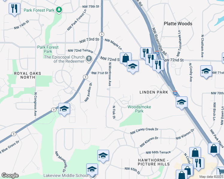 map of restaurants, bars, coffee shops, grocery stores, and more near 6609 Northwest 70 Terrace in Kansas City